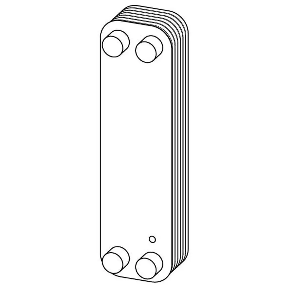 Wärmetauscher mit länglicher, flacher Bauform und zwei Anschlussöffnungen. Produkt von Uponor. Ideal für verschiedene Anwendungen in Heizsystemen.